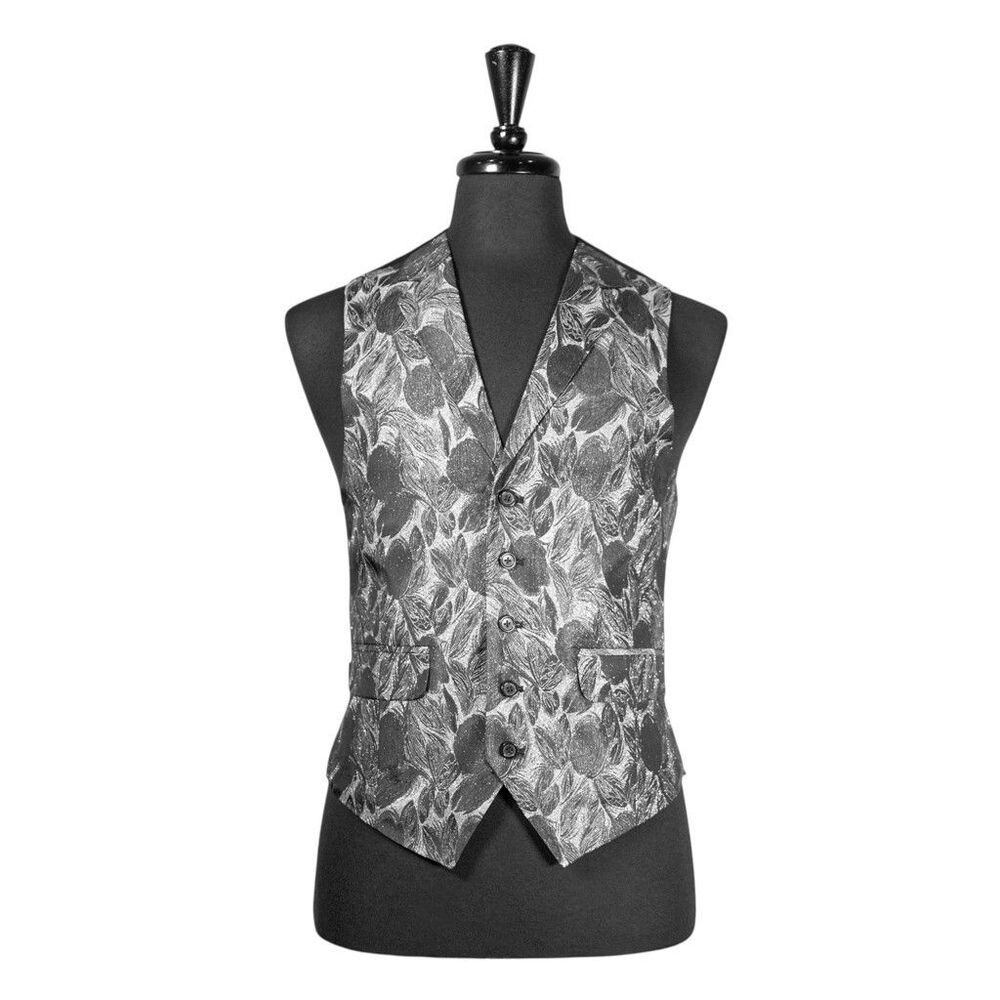 Mens Vest 40R Gray Floral Jacquard Waistcoat Formal Wedding Prom Groom Party